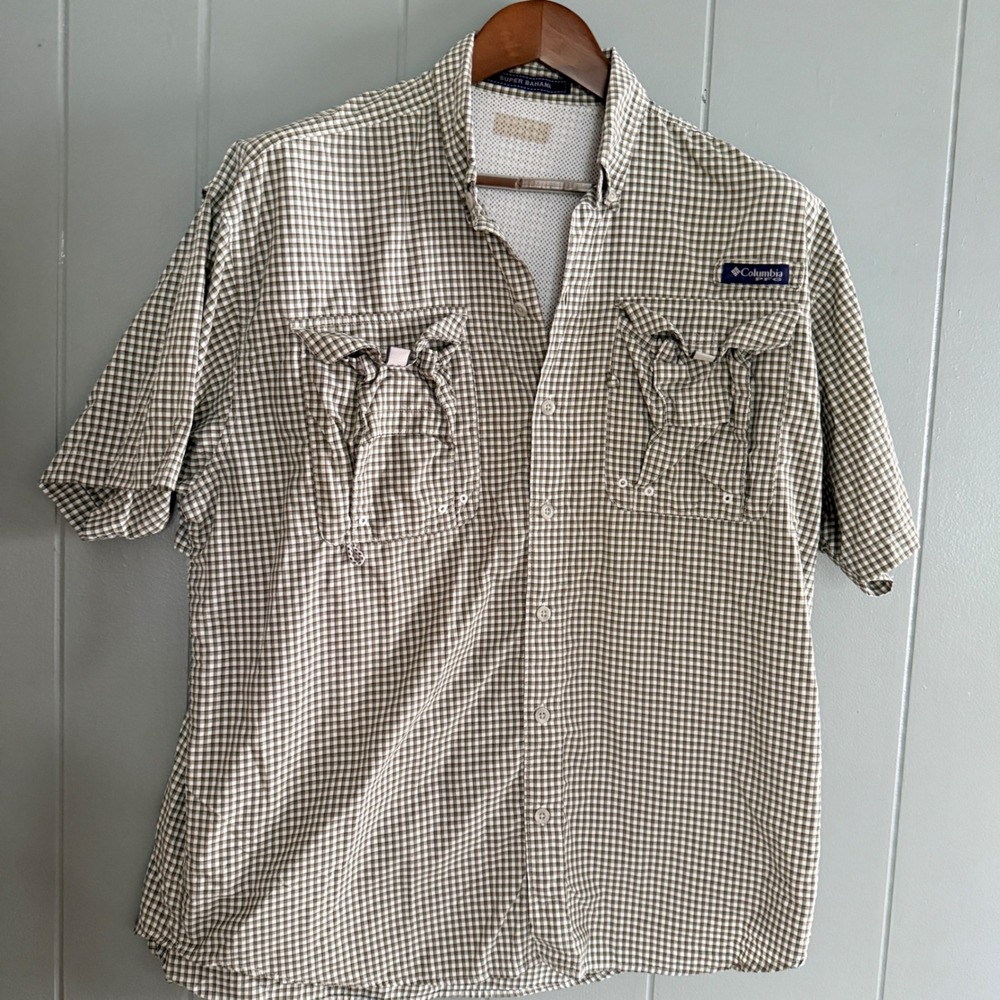 Columbia PFG Super Bahama Fishing Shirt Green Plaid Utility Gorpcore Mens L